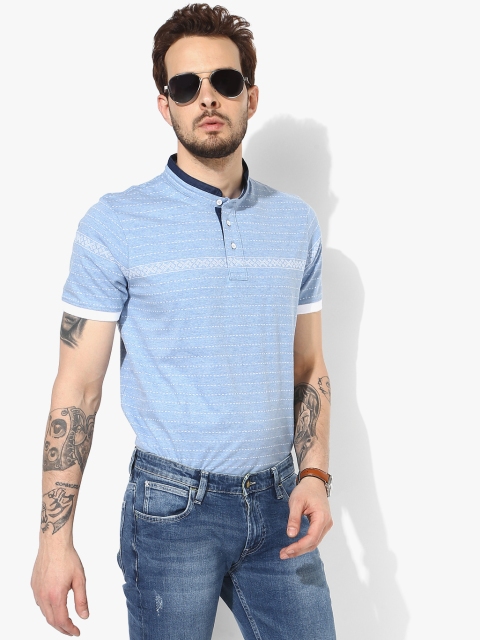 

Monte Carlo Men Blue & White Striped Mandarin Collar T-shirt
