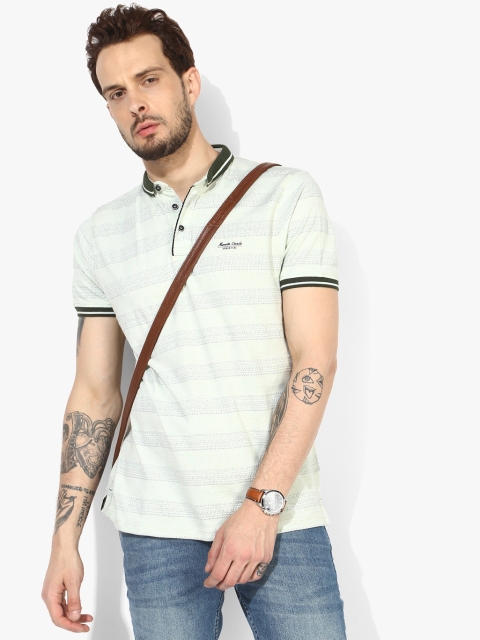 

Monte Carlo Men Sea Green & Black Self-Striped Polo Collar T-shirt