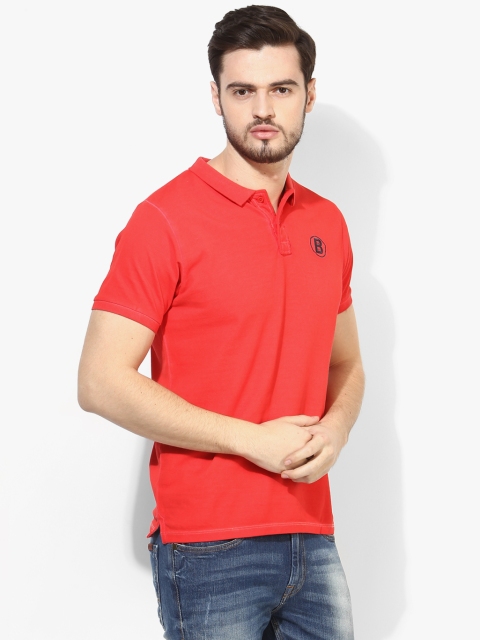 

Breakbounce Men Red Solid Polo Collar T-Shirt With Embroidered Detailing