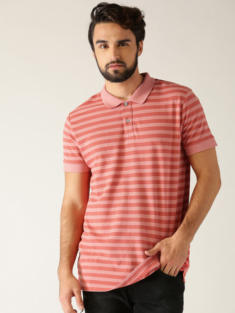 

ESPRIT Men Pink & Rust Orange Slim Fit Striped Polo Collar T-Shirt
