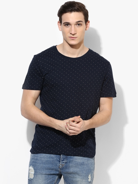 

SELECTED Men Navy Blue & White Slim Fit Printed Round Neck T-shirt