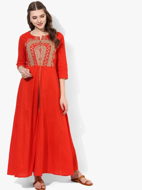 

Vedic Women Red Embroidered A-Line Kurta
