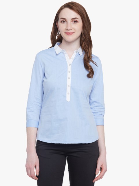

Annabelle by Pantaloons Women Blue Regular Fit Solid Contrast Collar Casual Shirt