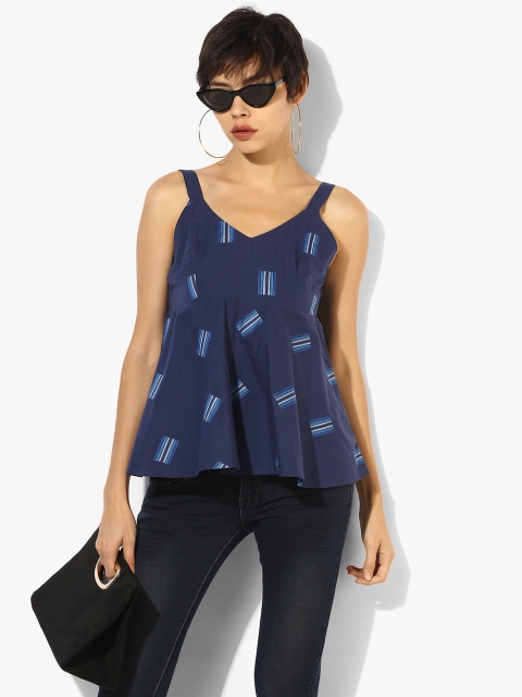 

MIAMINX Women Navy Blue Printed Peplum Pure Cotton Top