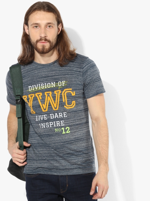 

YWC Men Charcoal Grey & White Striped Regular-Fit Appliqued T-shirt