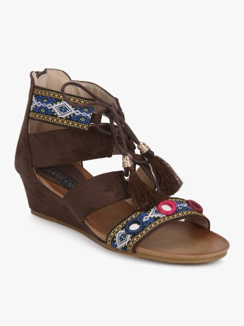 

Under Knee Women Brown Woven Design Peep Toes Wedges
