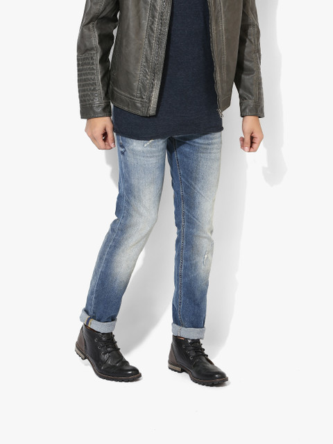 

GAS Men Blue Heavy-Fade Low Distress Slim Fit Jeans
