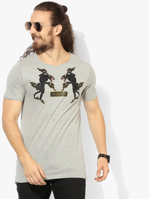 

Adamo London Men Grey Melange Self Design Round Neck T-shirt