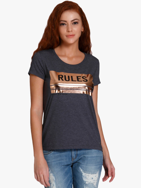 

Vero Moda Women Charcoal Grey Printed Round Neck T-shirt