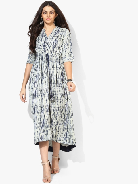 

Rangriti Women Cream-Coloured & Navy Blue Printed Midi A-Line Dress