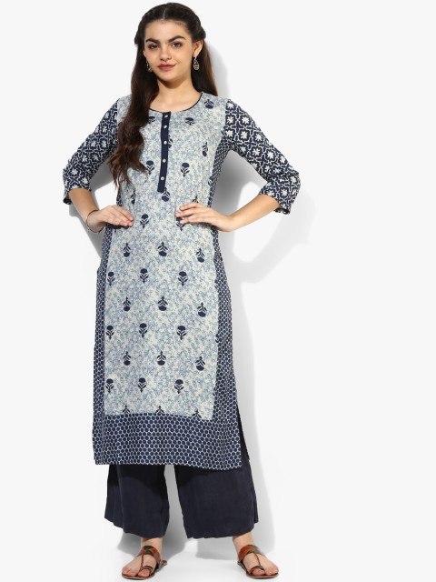 

Rangriti Women Navy Blue & Beige Printed Straight Kurta