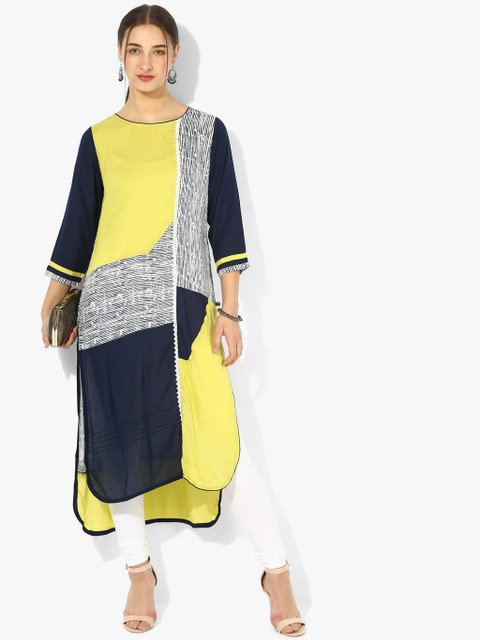 

GQ Women Navy Blue & Yellow Printed Straight Kurta