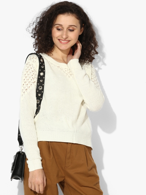 

ELLE Women Cream-Coloured Self Design Pullover Sweater