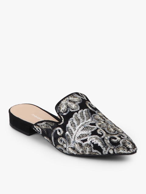 

Melange by Lifestyle Women Black & Silver-Toned Woven Design Mules