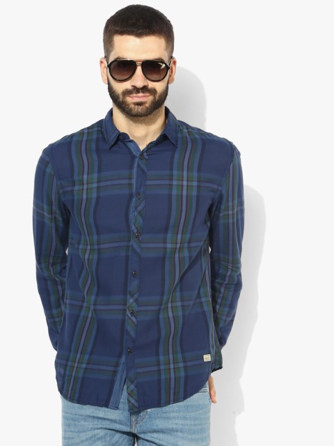 

Jack & Jones Men Navy Blue & Green Slim Fit Checked Casual Shirt