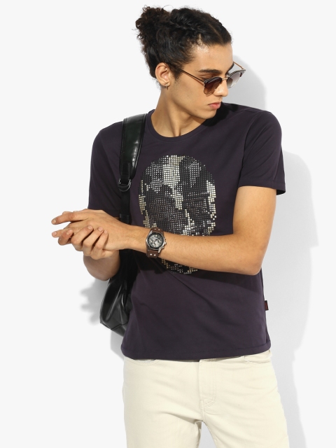 

Ed Hardy Men Navy Blue Slim Fit Self Design Round Neck T-shirt with Embellished Detail