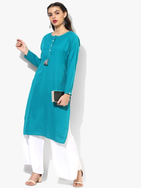 

De Moza Women Turquoise Blue Solid A-Line Kurta