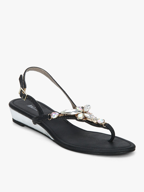 

Inc 5 Women Black Solid T-Strap Flats With Embellishments