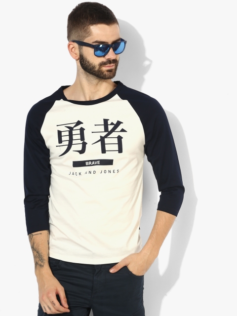 

Jack & Jones Men Off-White & Navy Blue Printed Round Neck T-shirt