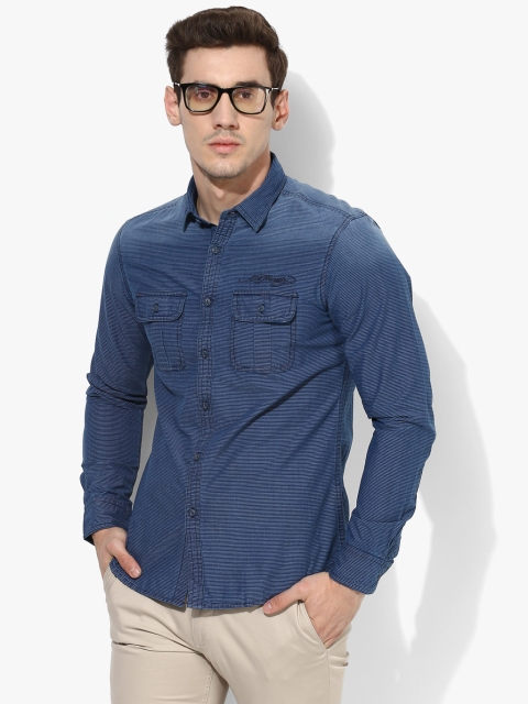 

Ed Hardy Men Navy Blue Regular Fit Striped Casual Shirt