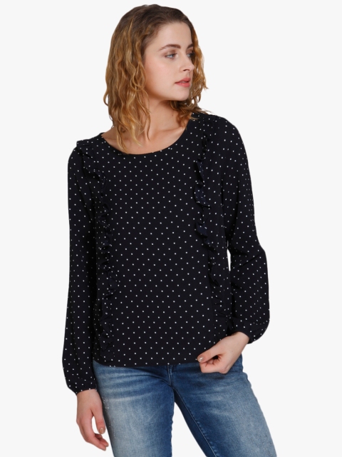

ONLY Women Navy Blue & White Polka Dot Print Top