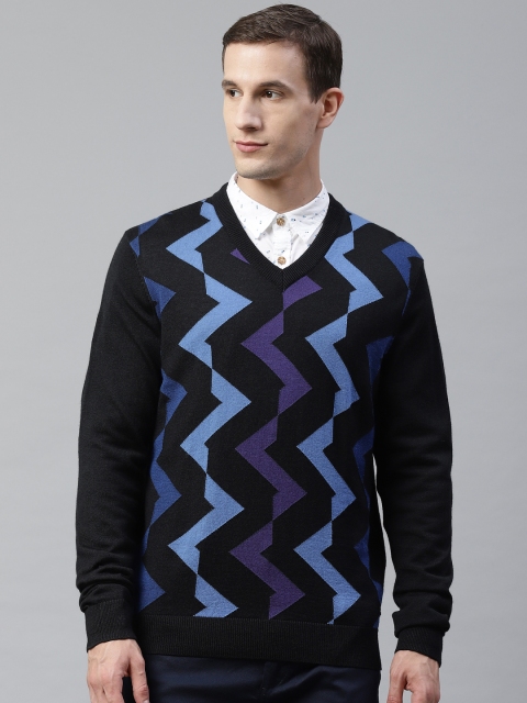 

Park Avenue Men Black & Blue Chevron Print Sweater