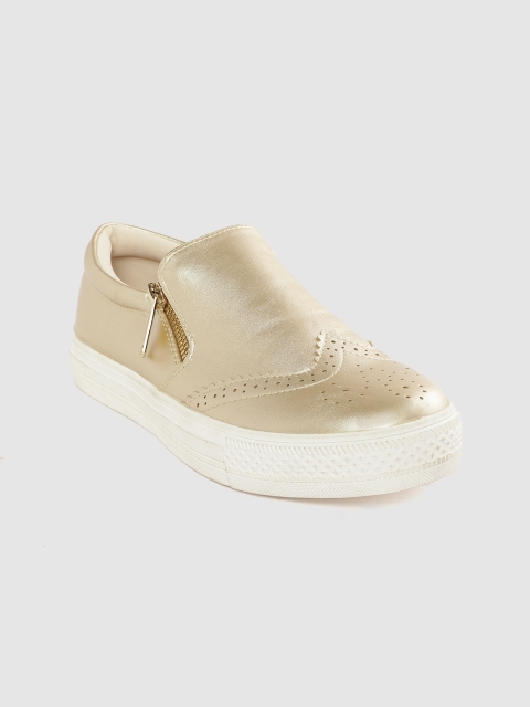 

Tresmode Women Gold-Toned Slip-On Sneakers With Brogue Detail