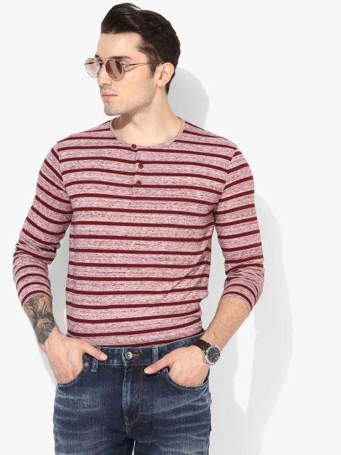 

Voi Jeans Men Maroon Striped Henley Neck T-shirt