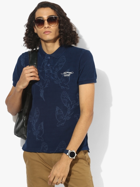 

Ed Hardy Men Navy Blue Printed Slim Fit Polo Collar T-shirt