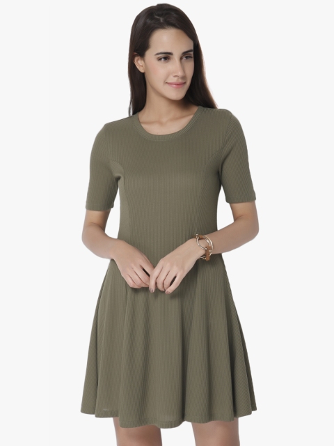 

Vero Moda Women Olive Green Solid Fit and Flare Dress