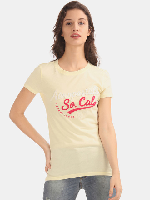 

Aeropostale Women Yellow Applique-Detailed Round Neck T-shirt