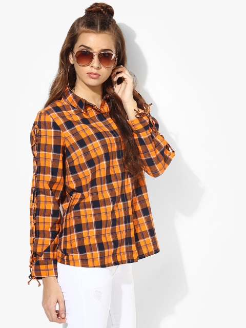 

Vero Moda Women Orange & Blue Slim Fit Checked Casual Shirt