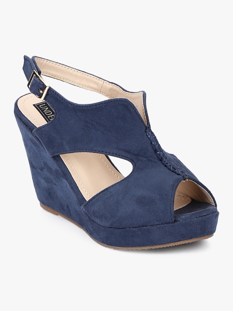 

Under Knee Women Blue Solid Peep Toe Wedges