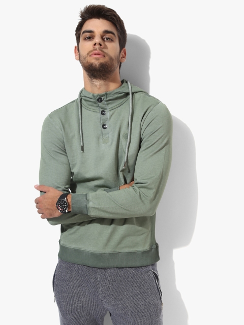 

Breakbounce Men Green Solid Hooded Sweatshirt