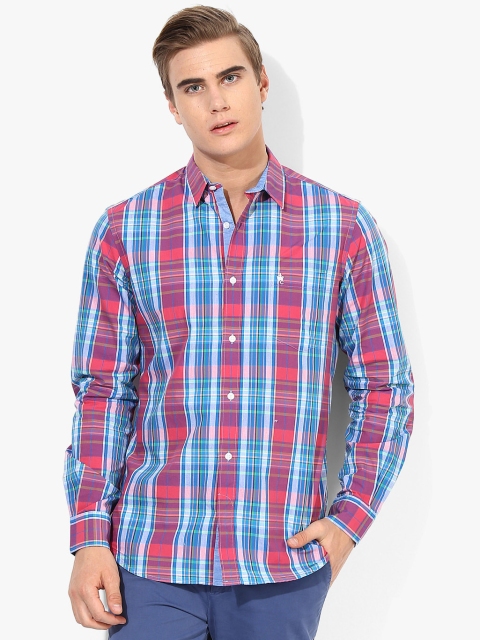 

French Connection Men Pink & Blue Slim Fit Checked Casual Shirt