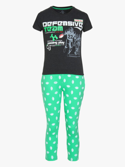

Sweet Dreams Girls Charcoal Grey & Green Printed Clothing Set