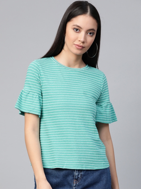 

Vero Moda Women Sea Green & White Striped Round Neck T-shirt