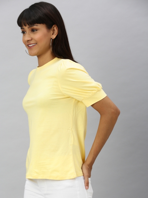 

Vero Moda Women Yellow Solid Puff Sleeved Knitted Pure Cotton Top