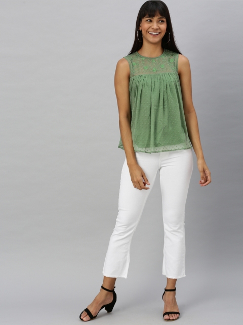 

Vero Moda Women Green Self Design Doby Top with Embroidery