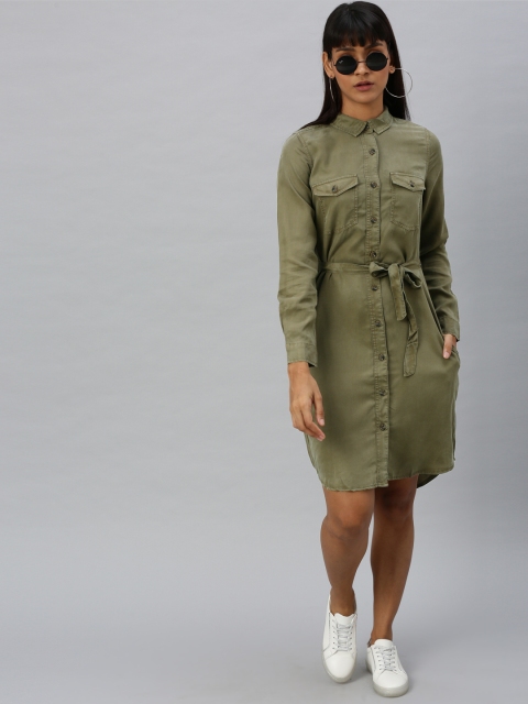 

Vero Moda Women Olive Green Solid Shirt Dress