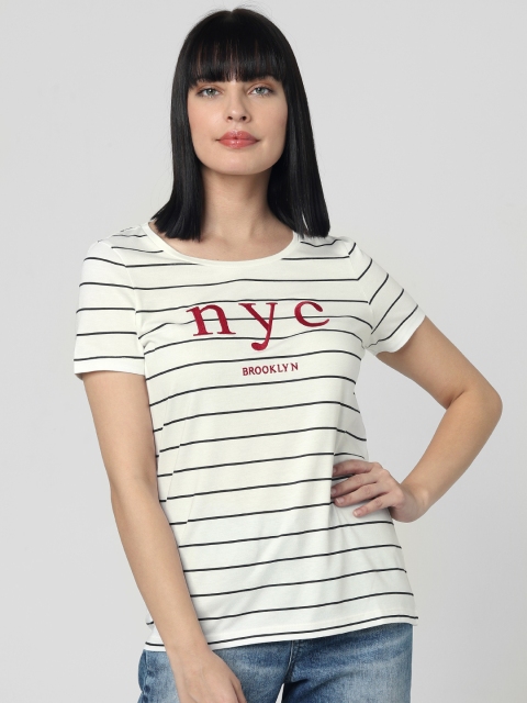 

Vero Moda Women Off-White Black Striped Round Neck T-shirt