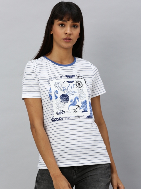 

Vero Moda Women White Blue Striped Round Neck Pure Cotton T-shirt