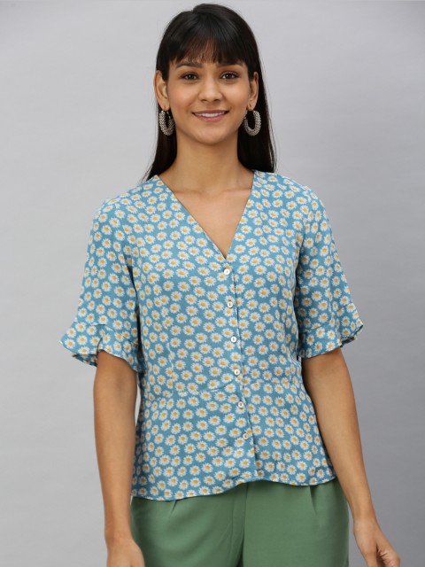 

Vero Moda Women Blue & White Floral Printed Bell Sleeved Top