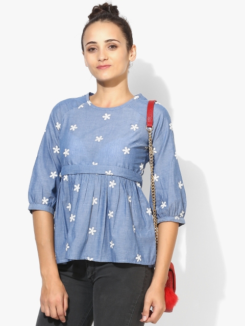 

MIAMINX Women Blue & White Embroidered A-Line Pure Cotton Top