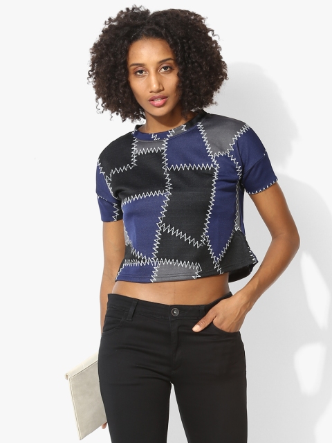 

AND Women Charcoal Grey & Blue Colourblocked Crop Top