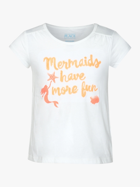 

The Childrens Place Girls White Yellow Regular Fit Sequinned Pure Cotton T-shirt