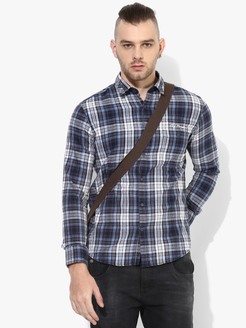 

Ed Hardy Men Blue & White Checked Slim Fit Casual Shirt