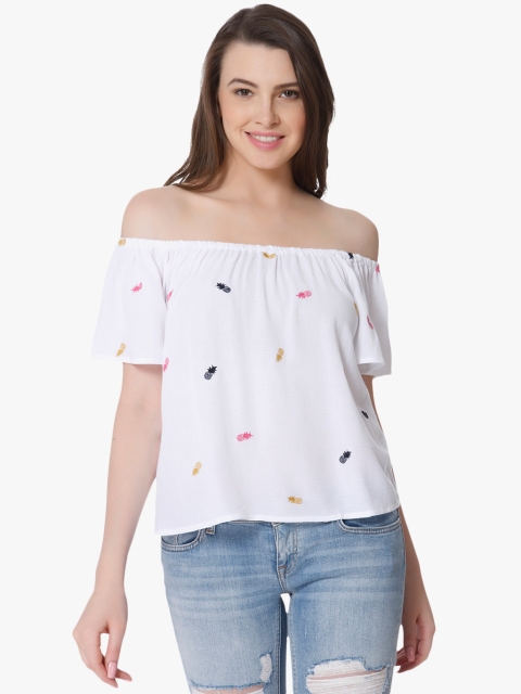 

ONLY Women White Printed Bardot Top