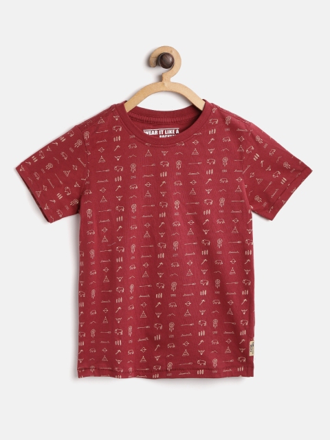 

Flying Machine Boys Maroon Beige Printed Round Neck Pure Cotton T-shirt