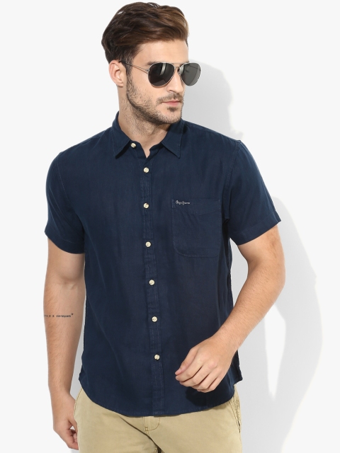 

Pepe Jeans Men Navy Blue Regular Fit Solid Linen Casual Shirt